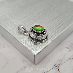 Sterling Silver Green Copper Turquoise Locket Pendant – Secret Stash Compartment